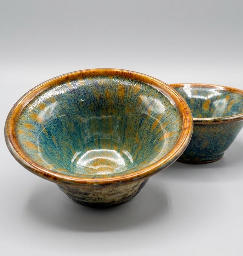 Teal & Amber Flared Bowls — Pair