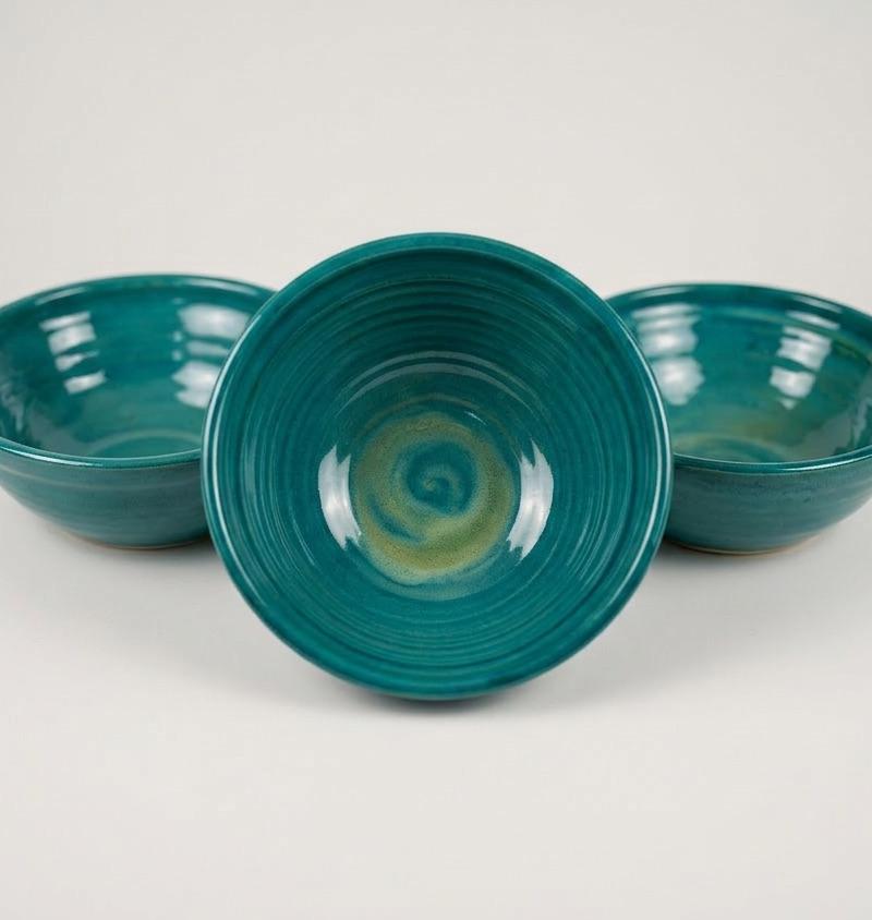Teal Shallow Bowls — Trio