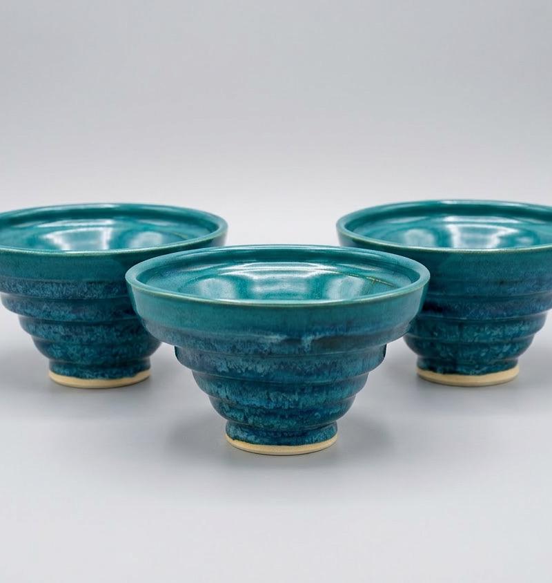 Teal Ridged Bowls — Trio