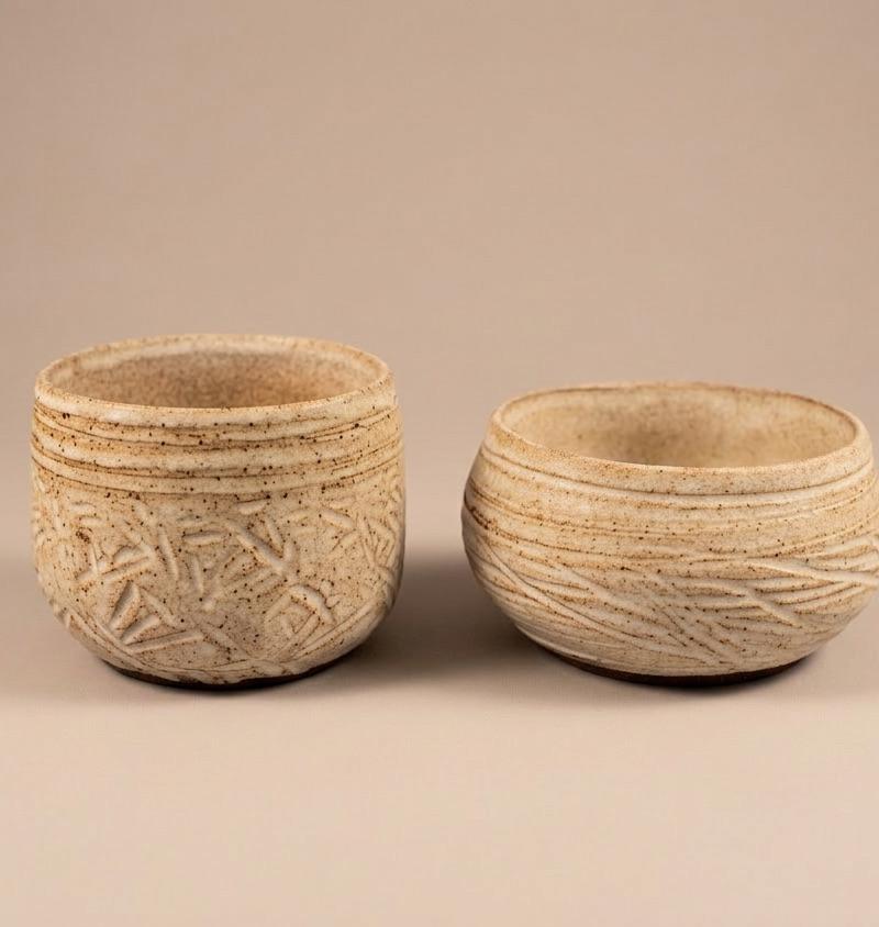 Carved Speckled Cups — Pair