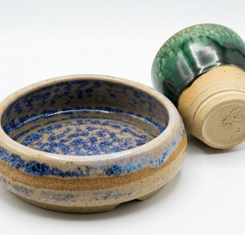 Blue Speckled Bowl & Green Vase