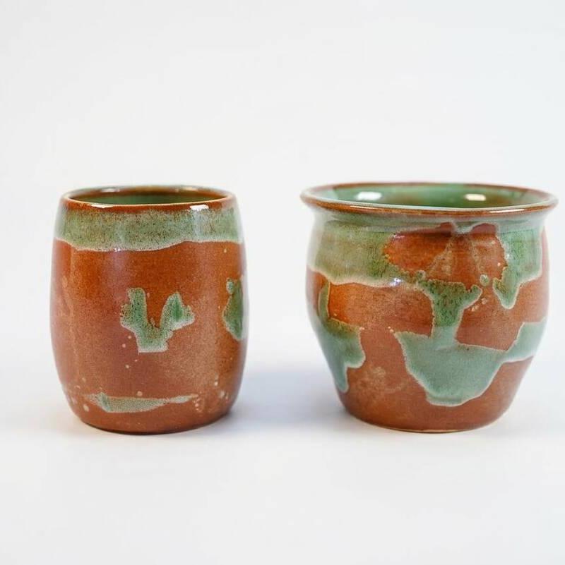 Copper & Celadon Cups — Pair